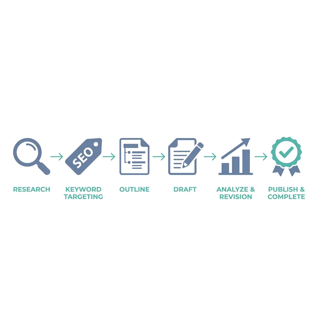 Infographic showing six stages of a content writing workflow from research to editing with icons and connecting arrows.