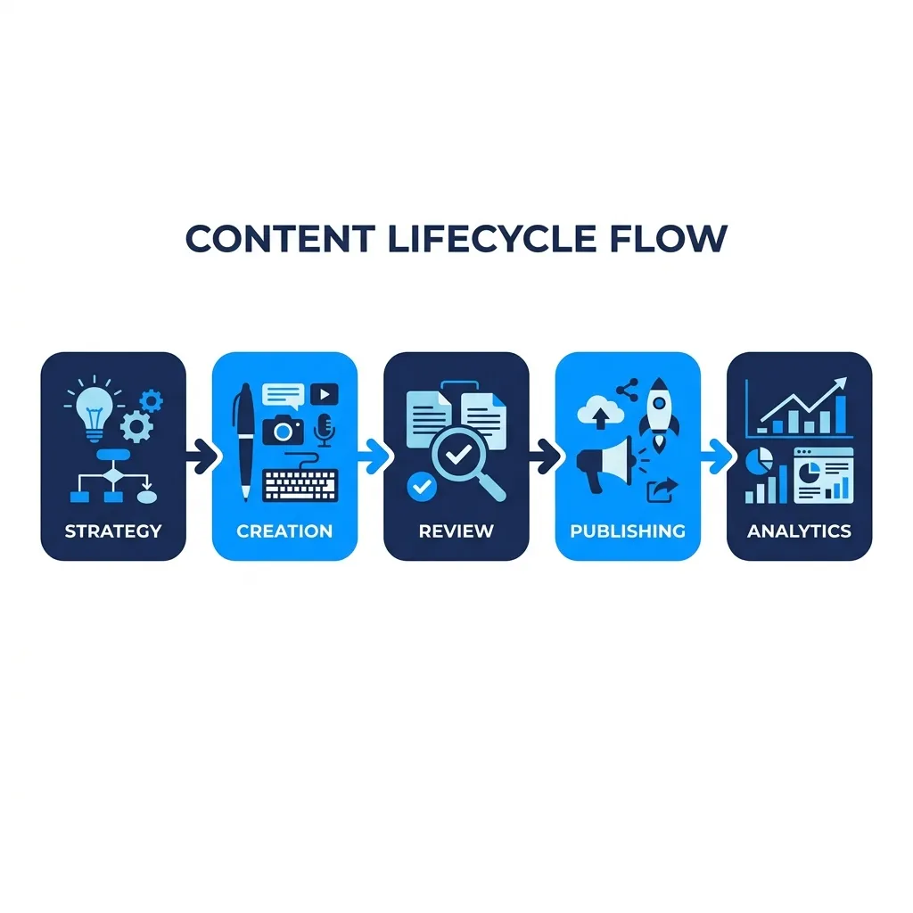 Five-stage content lifecycle pipeline infographic: strategy, creation, review, publishing, and analytics.