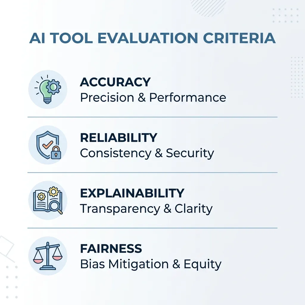 Checklist infographic showing four key criteria for evaluating AI content generation tools.