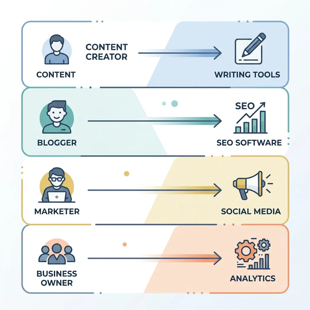 Infographic matching four content creator types to their best AI writing tool category.