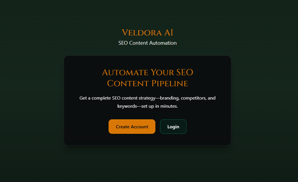 The Veldora app at app.veldoraai.com — ‘Automate Your SEO Content Pipeline’: get a complete SEO content strategy with branding, competitors, and keywords in minutes.
